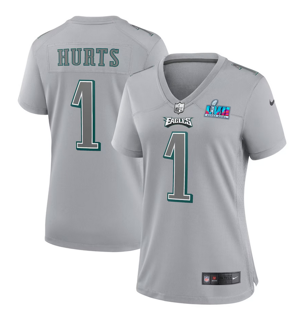 Women's Philadelphia Eagles #1 Jalen Hurts Grey Super Bowl LVII Patch Atmosphere Fashion Stitched Game Jersey(Run Small)